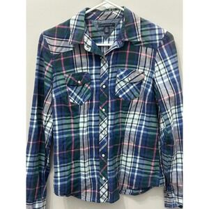 Tommy Hilfiger Womens Flannel Shirt Plaid Pearl Snap Western Small